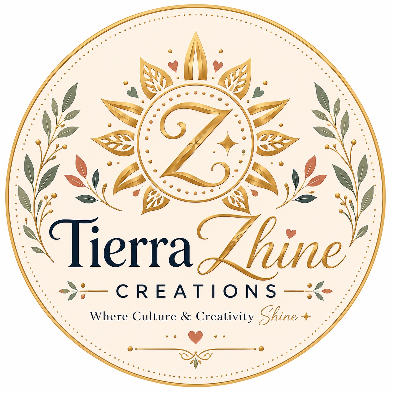 Tierra Zhine Creations gold sun and botanical logo. Where Culture & Creativity Shine.