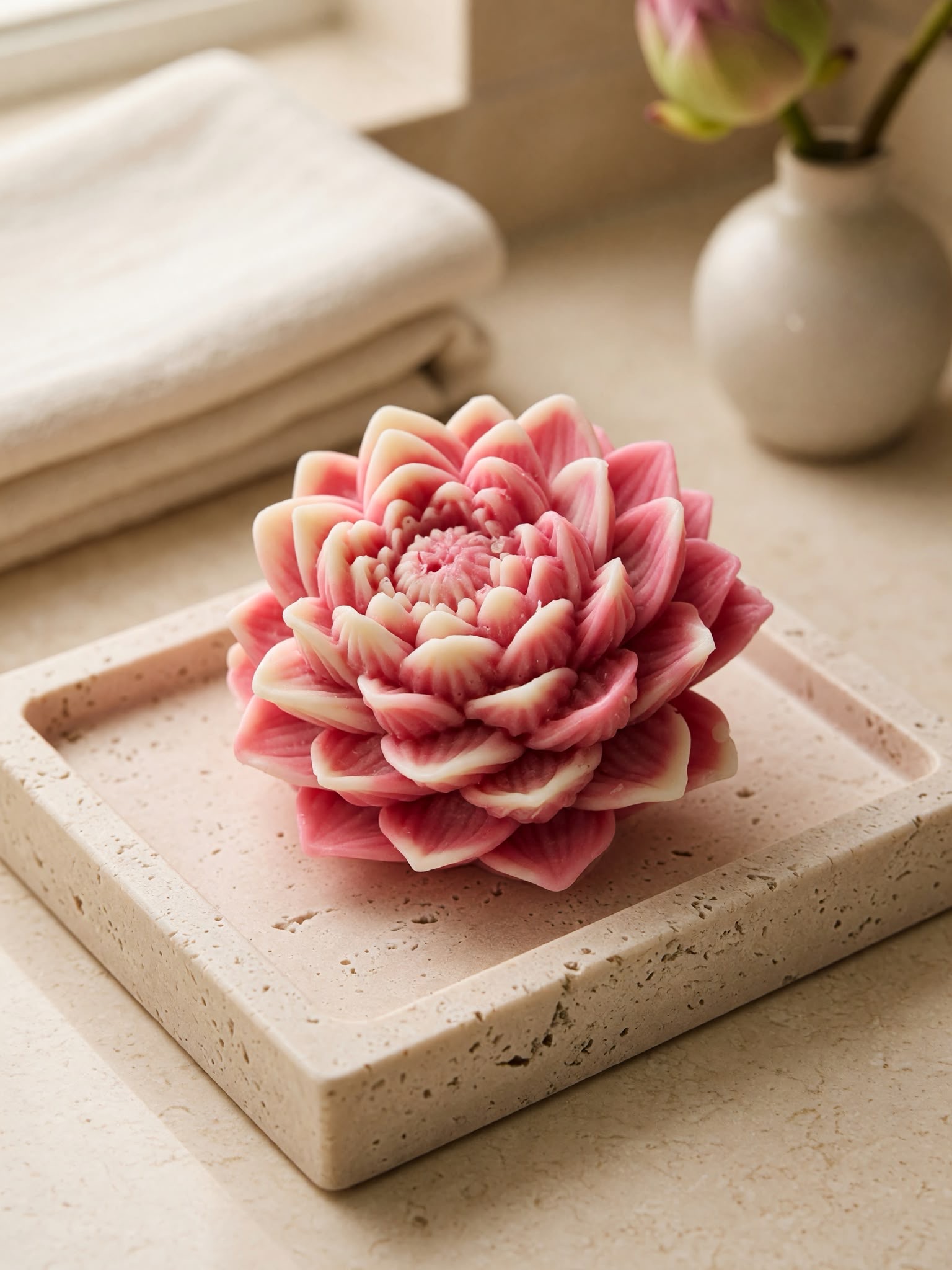 Pink and ivory flower-shaped decorative soap on a stone tray