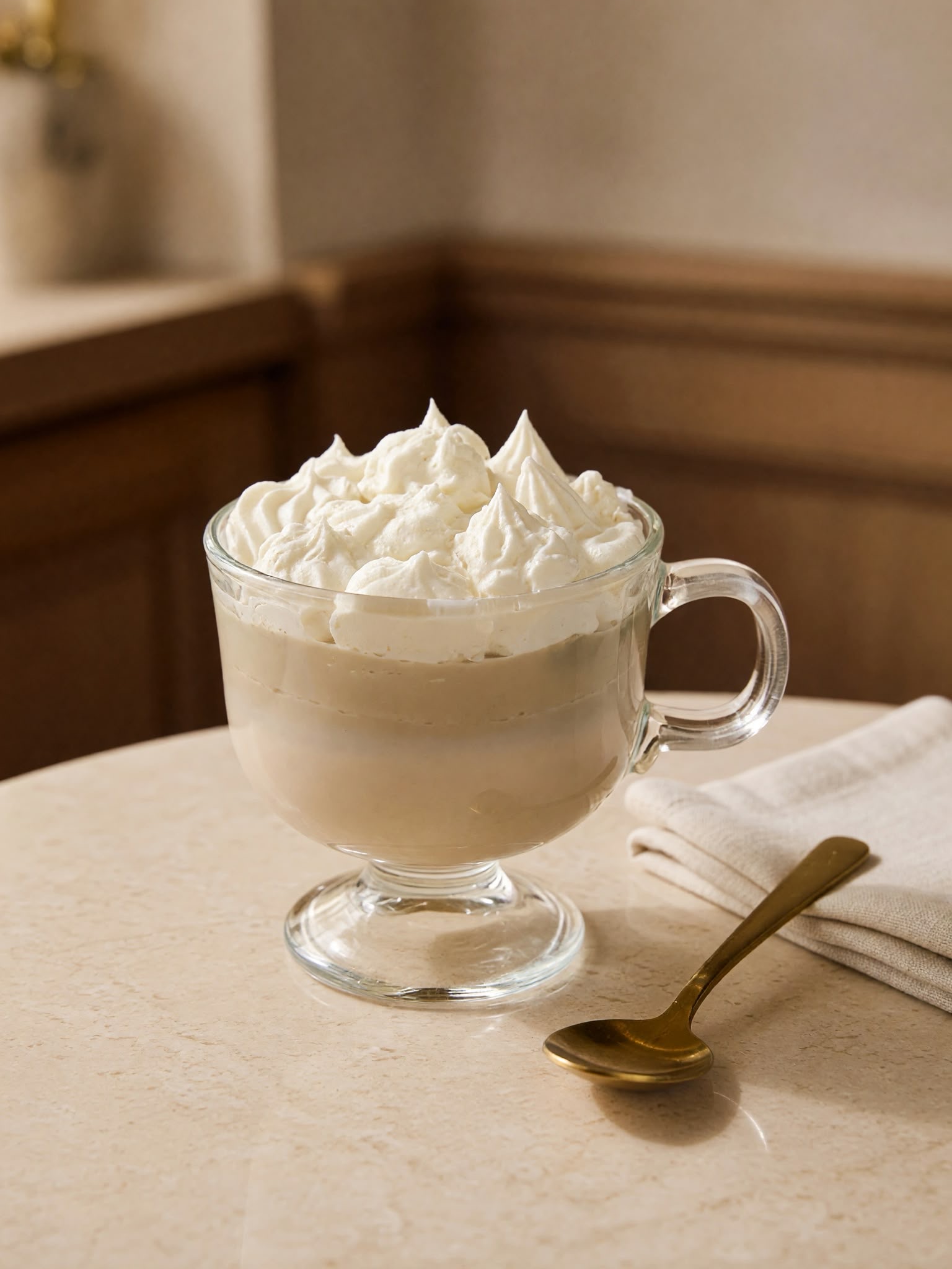 Cream-colored creation in a clear pedestal mug with whipped-style topping
